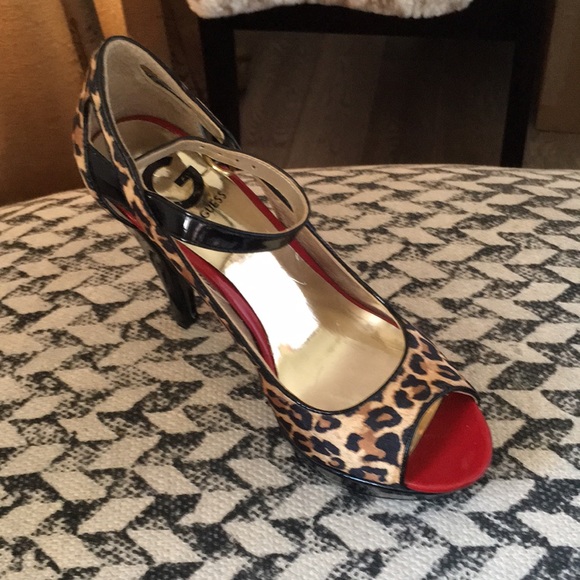 For sale leopard red and black high heel open toe shoe. - Picture 3 of 3